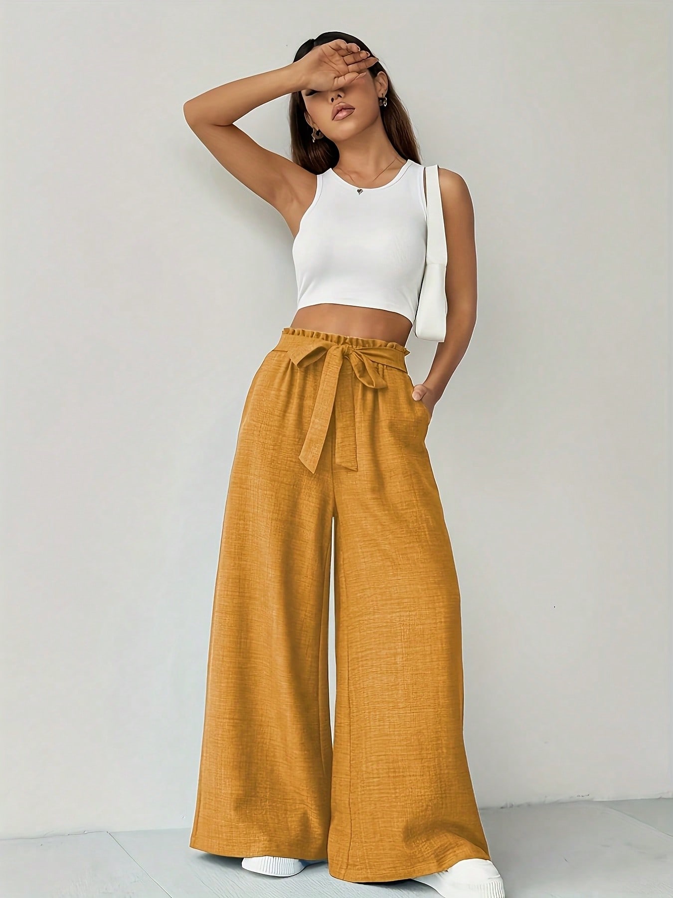 Tendance, confortable, polyvalent, pantalon d’été à taille haute et coupe ajustée, pantalon ample de couleur unie, pantalon long, vêtements pour femmes.
