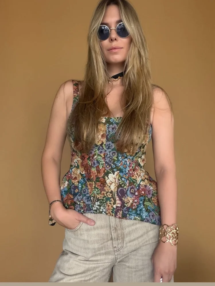 Nouveau débardeur corset vintage à fleurs, col carré, sans manches, coupe ajustée, style peplum, pour femme, idéal pour les vacances d'été