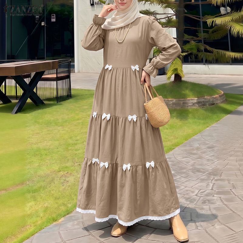 Robes Musulmanes Tendance 2026 ZANZEA – Robe de Ramadan Élégante pour Femme, Col Rond, Manches Longues, Nœuds, Robe d'Été, Abaya de Dubaï, Femme, Hijab, Vestidos