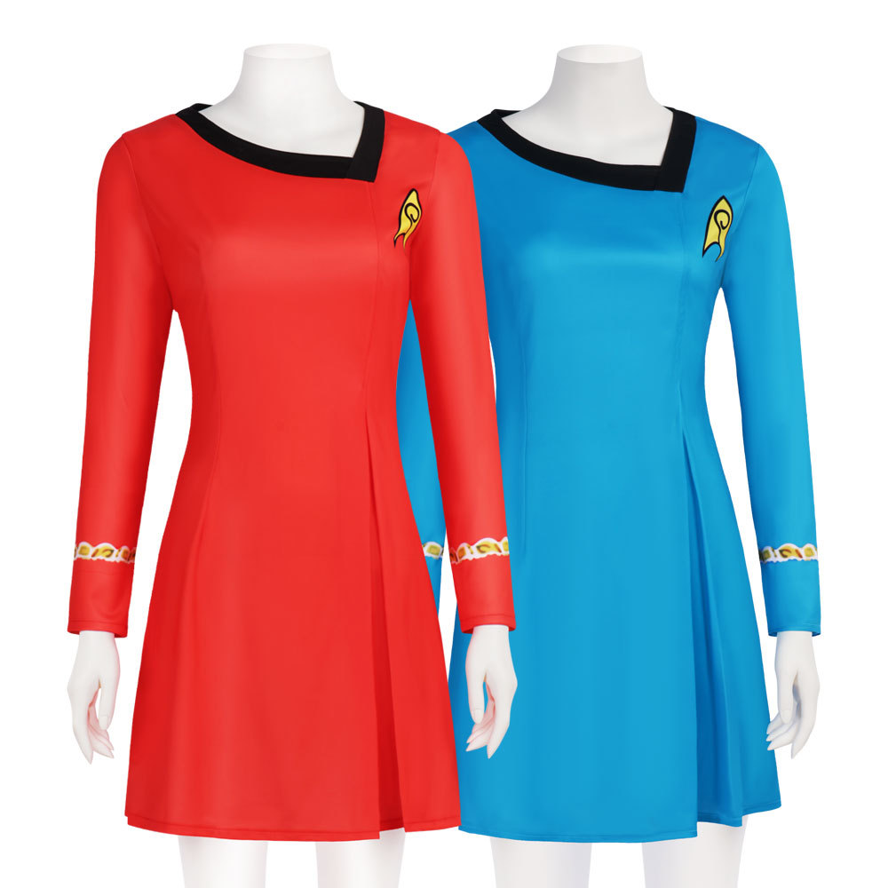 Costume de Cosplay de Star de Cinéma, Uniforme de Crew de Science-Fiction Rouge et Bleu pour Femme, Tenue de Capitaine TOS de Star Trek, Déguisement pour Halloween et Fêtes Costumées