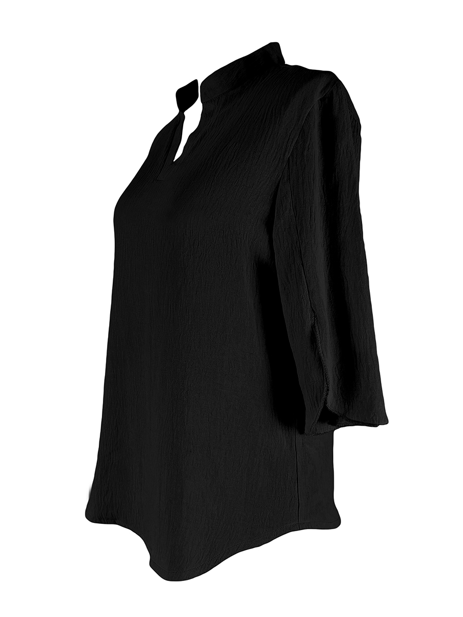 Chemisier chic noir pour femme à manches 3/4, col en V, manches cloche fendues, coupe ample et décontractée, texturé, élégant pour le travail ou le quotidien