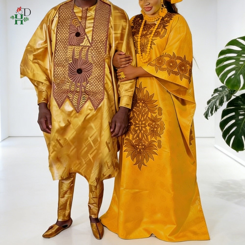Robes africaines H&D pour couple, jaunes, traditionnelles, en Bazin Riche, tenue brodée 3 pièces pour homme, robe turque pour femme, robe de fête de mariage