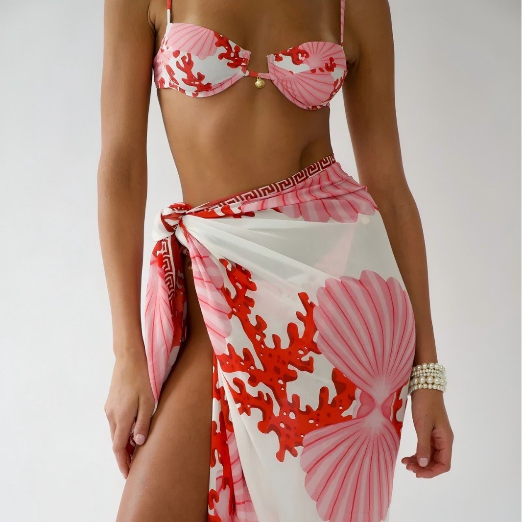 Ensemble bikini imprimé trois pièces, maillot de bain sexy pour les vacances à la plage, vêtements de plage pour femmes, jupe mi-longue en tissu polyester