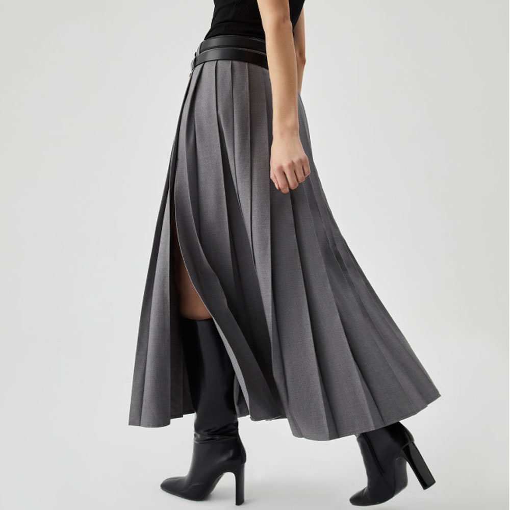 Jupe longue plissée noire à fente latérale pour femme, taille haute, sexy, été automne, Saia Feminina