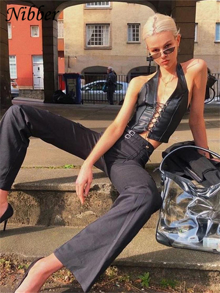Nibber-Haut court en cuir noir pour femme, caraco dos nu creux, tenue de soirée en club, glaçure d'été, précieux, punk, Y2K, 2021