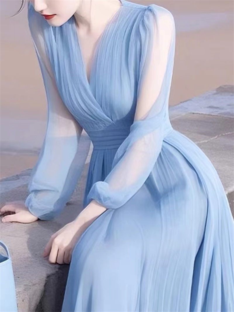 Robe longue élégante à col en V, couleur unie, volants amples, vêtements pour femmes, été 2026, nouvelle robe longue à manches longues, bleu, en mousseline de soie, robe de soirée pour femme