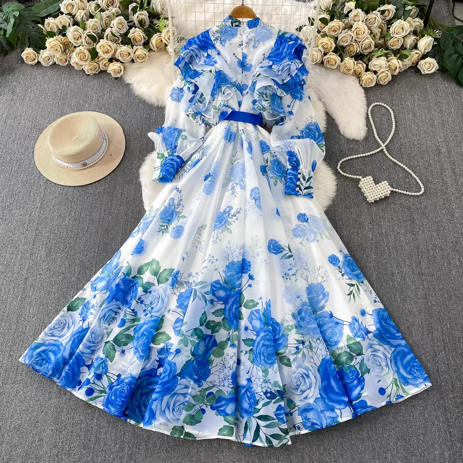 Robe Chic et Élégante à Col Montant, Manches Longues Bouffantes, Grande Jupe Évasée, Boutonnage Simple, Ceinture Ajustable, Imprimée, pour l'Été