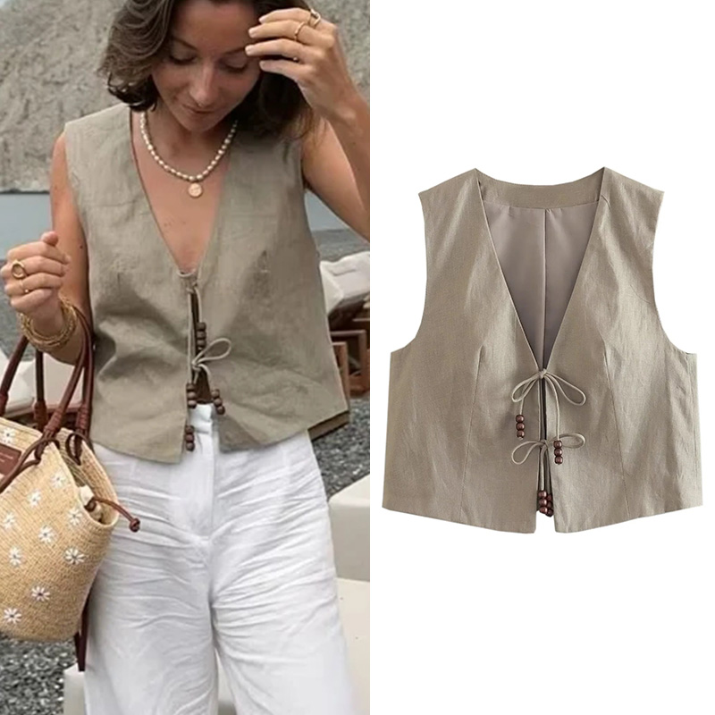 MUJER perles gilet sans manches femme col en V noir recadrée gilet femmes veste attachée manteaux courts gilet femmes mode gilets 2025