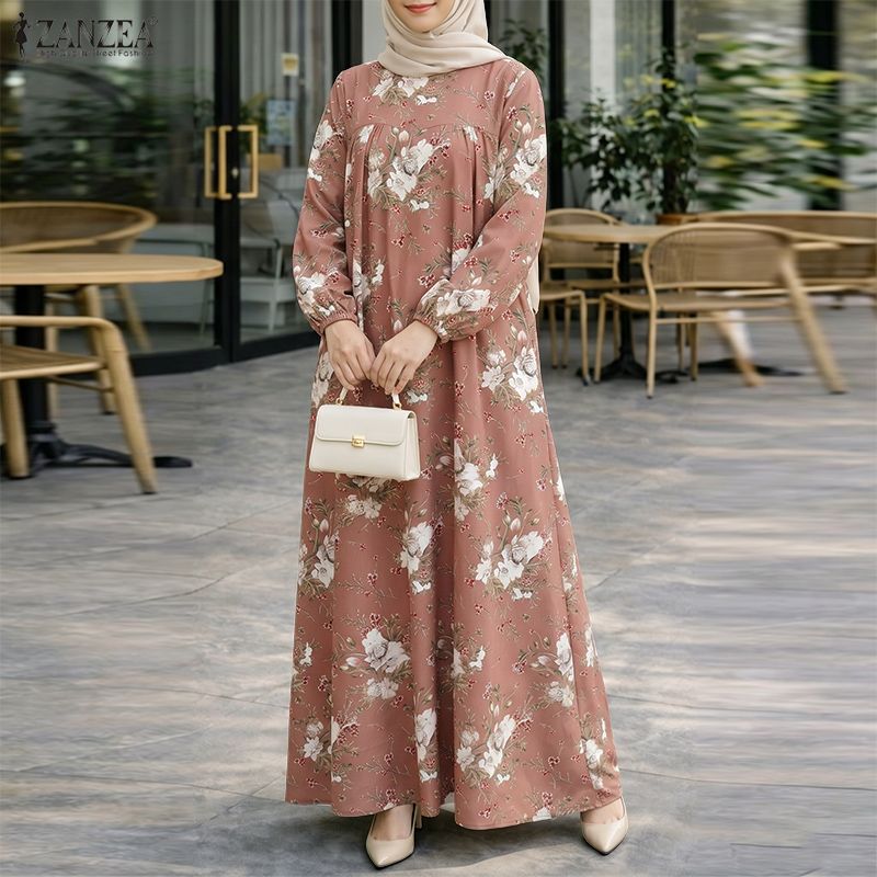 ZANZEA Abaya musulmane pour femmes, robe longue bohème, imprimé floral, manches longues, col rond, robe décontractée ample, kaftan