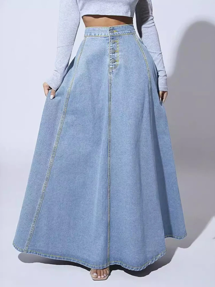 Jupe longue en jean pour femmes, ligne A, simple boutonnage, taille haute, Vintage, Maxi, Simple, décontractée, élégante, épissure, Streetwear Y2k