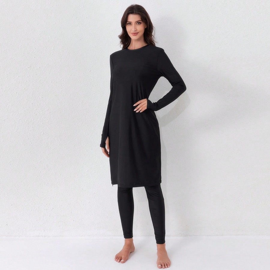 Maillot de bain décontracté pour femmes musulmanes, ensemble deux pièces, maillot de bain à col rond, style conservateur, boucle de doigt, robe noire, pantalon taille haute