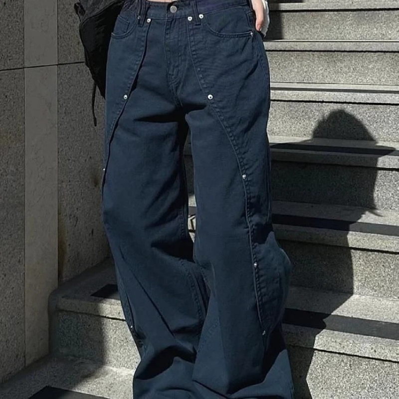 Jean pour femme Y2k, vêtements décontractés, coupe ample, pantalon à jambes larges, Style rétro américain Vintage avec rivets, Patchwork, Design fendu