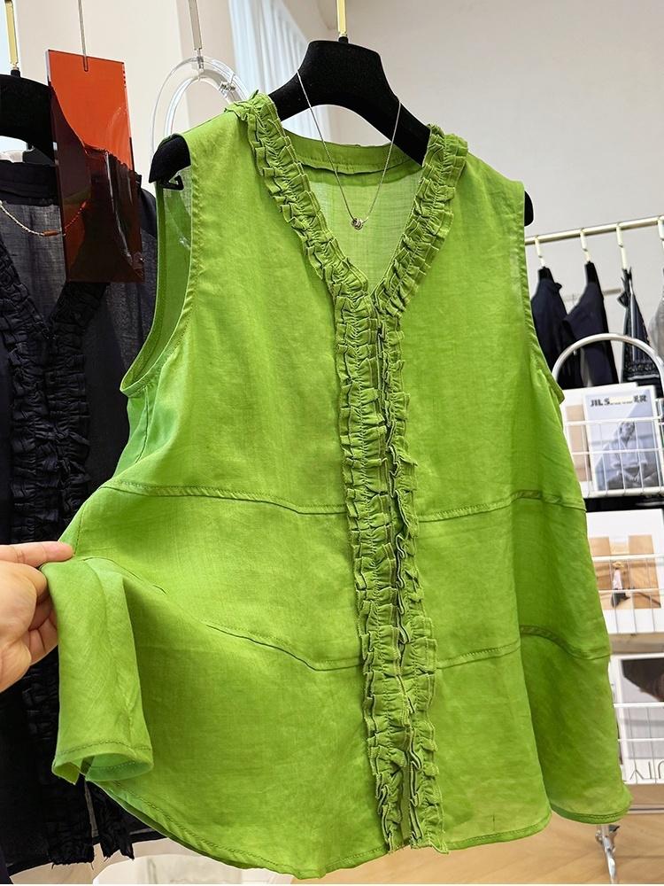 Chemise ample et unie pour femmes, vêtements d'été décontractés, mode, col rond, plis, manches courtes, haut français polyvalent, pulls Y2k