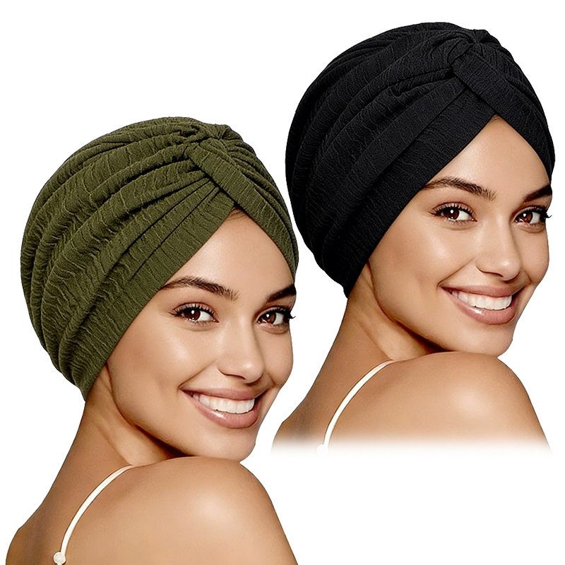 Lot de 2 Turbans Musulmans Plissés pour Femmes, Hijab Extensible à Nœud Torsadé, Foulard Chimio, Couvre-Chef, Coiffe Islamique