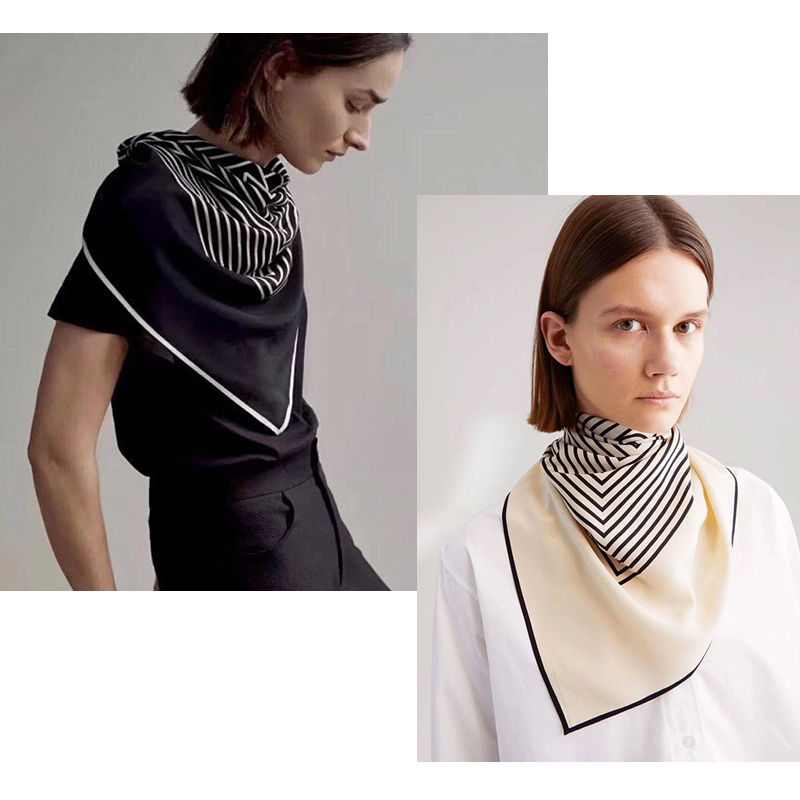 Écharpe en satin de soie naturelle de haute qualité pour femme, imprimé rayé noir et blanc, châle, foulard, bandana carré grande taille, cadeau pour femme