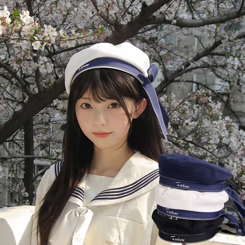 Chapeau uniforme à nœud brodé, style marin blanc, avec ruban, casquette octogonale, style scolaire japonais, joli béret