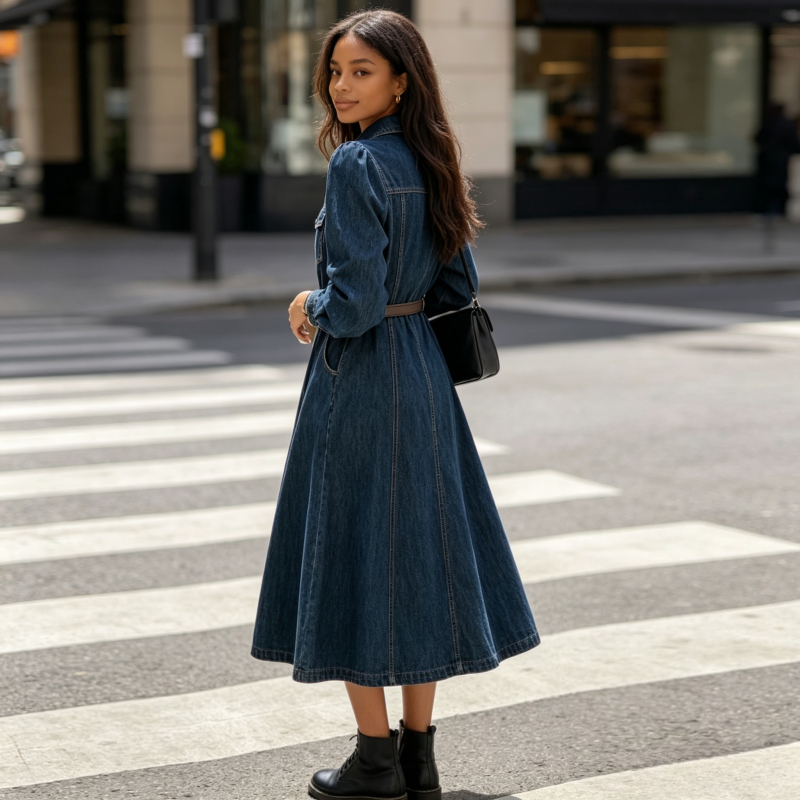 Robe en jean pour femme, coupe trapèze, col rabattu, manches longues, ceinture, longueur mi-longue, élégante, style Y2K, streetwear, pour le travail, Printemps 2026