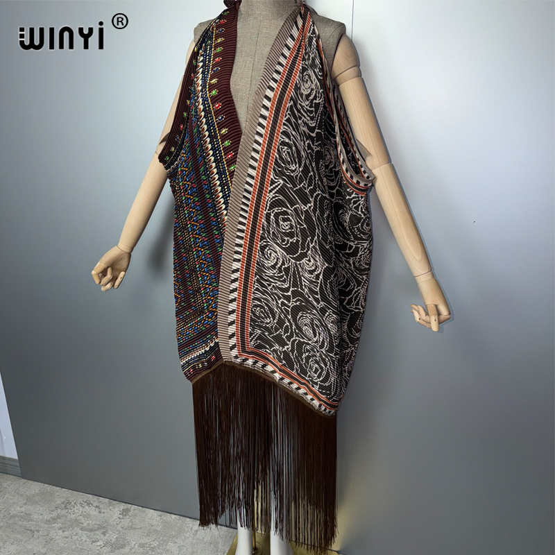 WINYI Cardigan plissé à franges pour femmes, imprimé bohème, robe de plage, caftan, vêtement de plage de luxe, abaya Dubaï