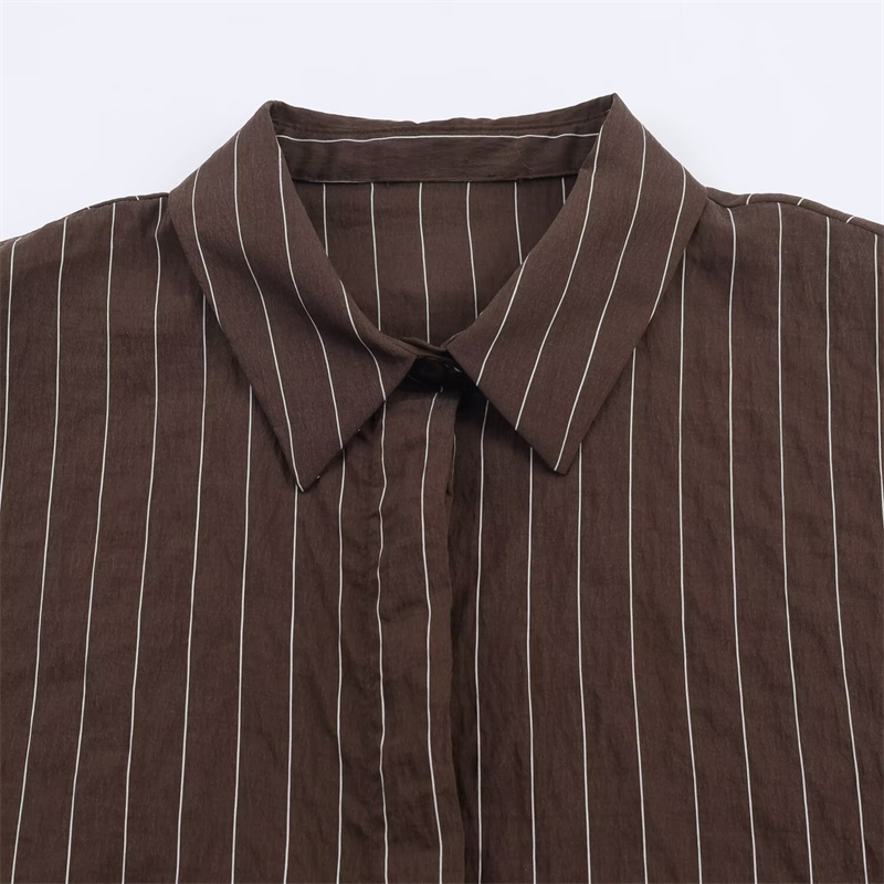 Chemise femme 2025 hiver nouveau Style chemise à manches longues rayée marron rougeâtre avec décor de boutons coupe ample élégant et Unique
