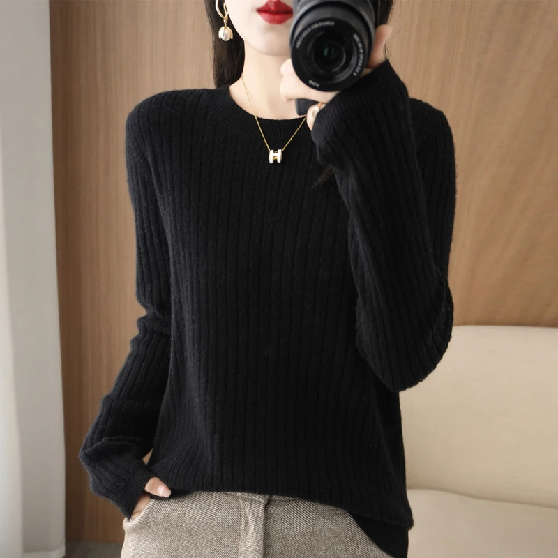 Pulls pour femmes 2026 – Nouveauté automne-hiver, manches longues, col rond, rayé, chaud, style coréen, chemises de base amples