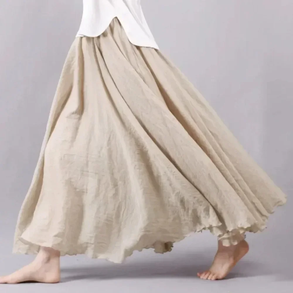 Boho Beach Jupe Femme - Lin Coton Mélange Taille Élastique Longue Plissée Maxi, Vintage Été Jupe Décontractée Faldas Saia