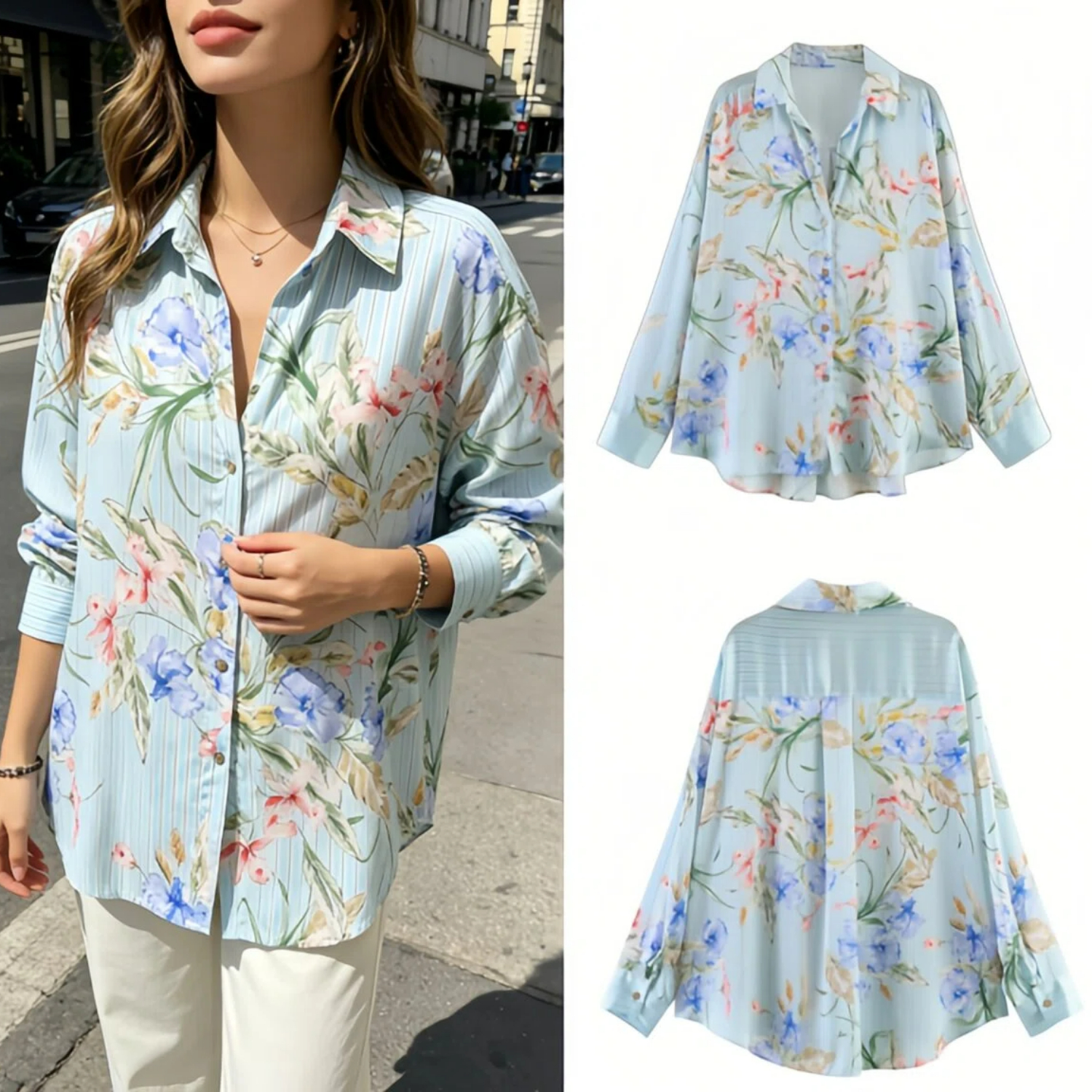 Nouvelle chemise pour femme à imprimé floral, en satin de soie, à manches longues, coupe ample, respirante, douce pour la peau, printemps-été