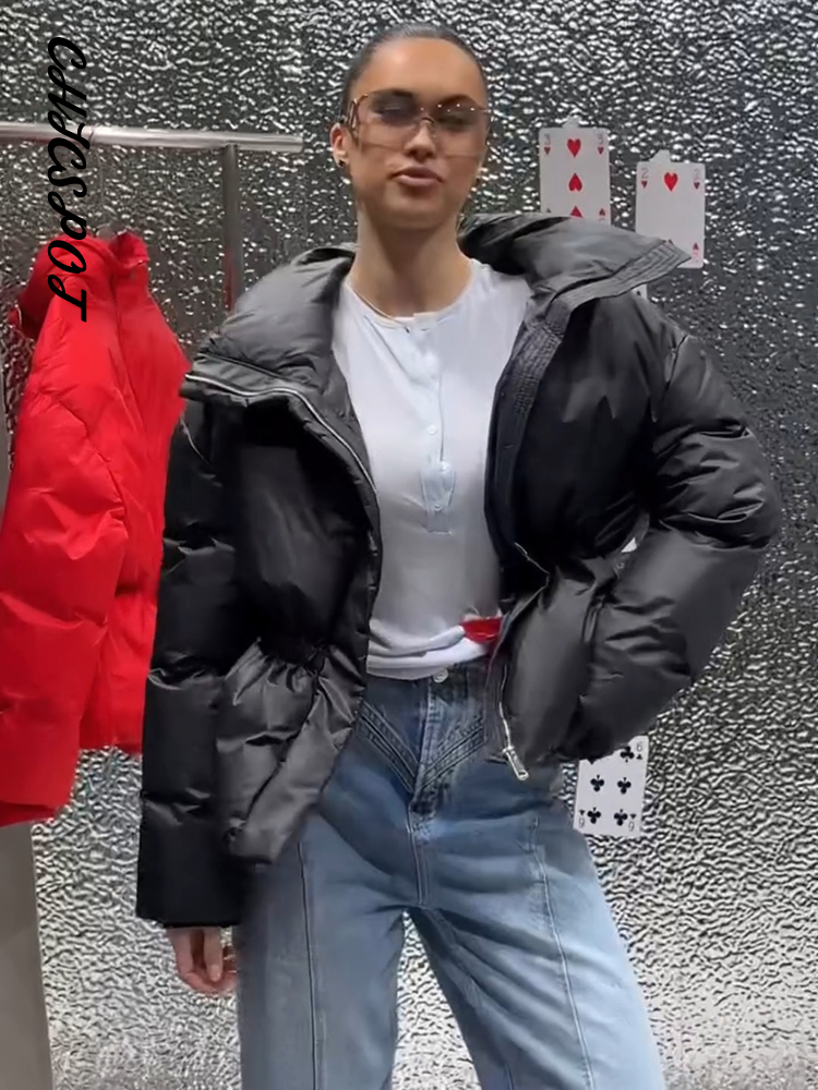 Vestes matelassées pour femmes, à capuche, col montant, fermeture éclair, manteaux courts d'hiver, manches lanternes, veste ample unie, nouvelles vêtements d'extérieur