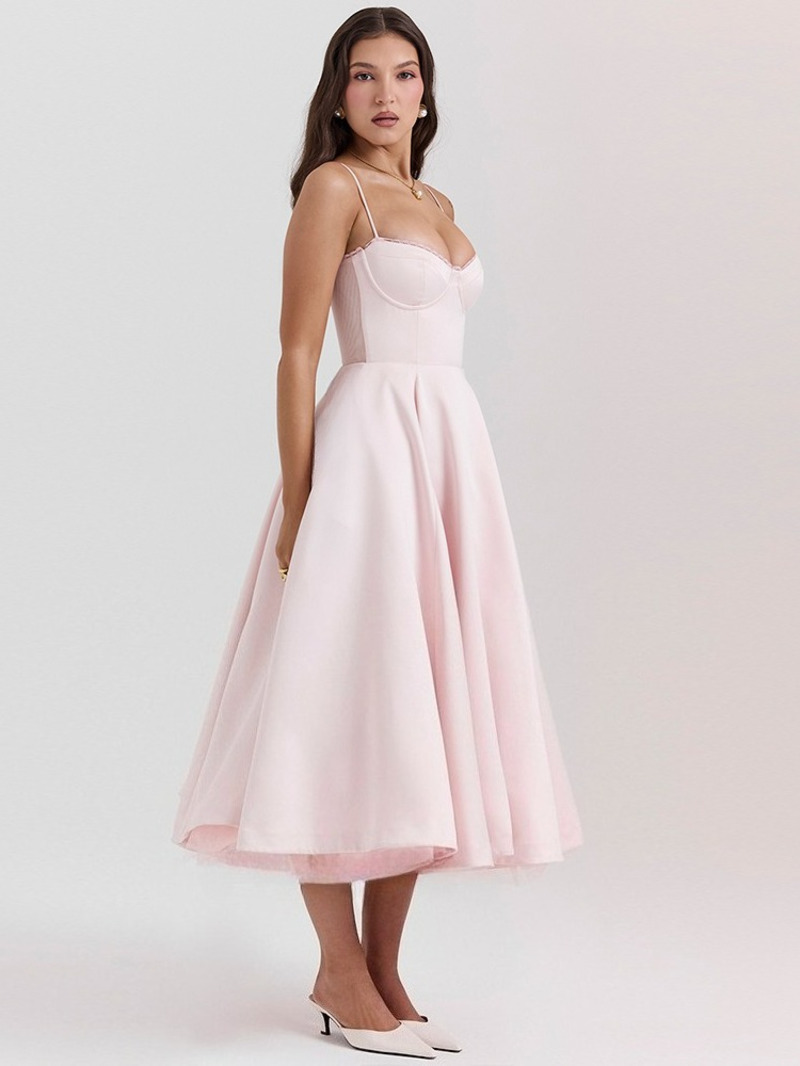 Été Flare robe mi-longue élégante 2025 nouveautés Spaghetti sangle Bustier robe femmes robes doux rose haut pour femme CHP1