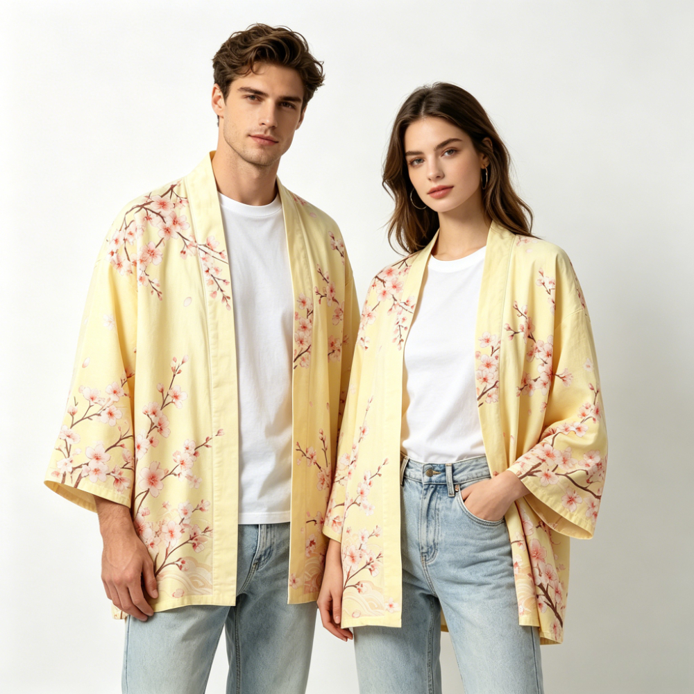 Kimono japonais unisexe en coton, style vintage, imprimé floral Sakura et grue, pour l'été, la plage, ou comme veste décontractée ample bohème