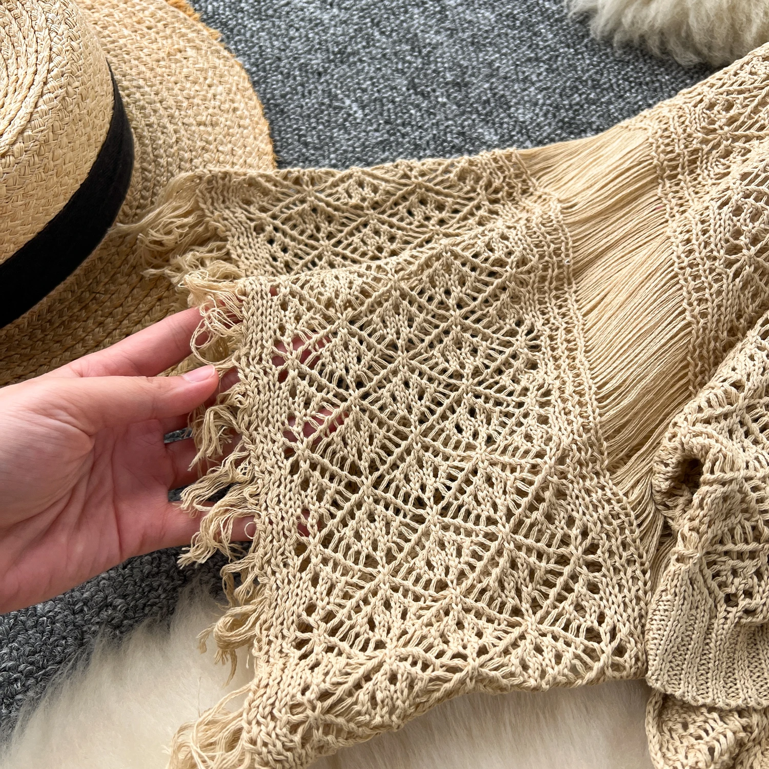 Cardigans de plage Boho pour femmes, Cardigan tricoté ajouré au Crochet, haut court à lacets, manteau à manches longues, livraison directe