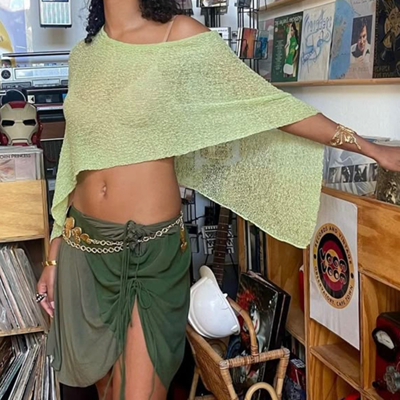 Boho plage vacances couvertures irrégulière tricoté culture hauts Y2k esthétique Vintage smocké T-shirt été sortie pulls t-shirts