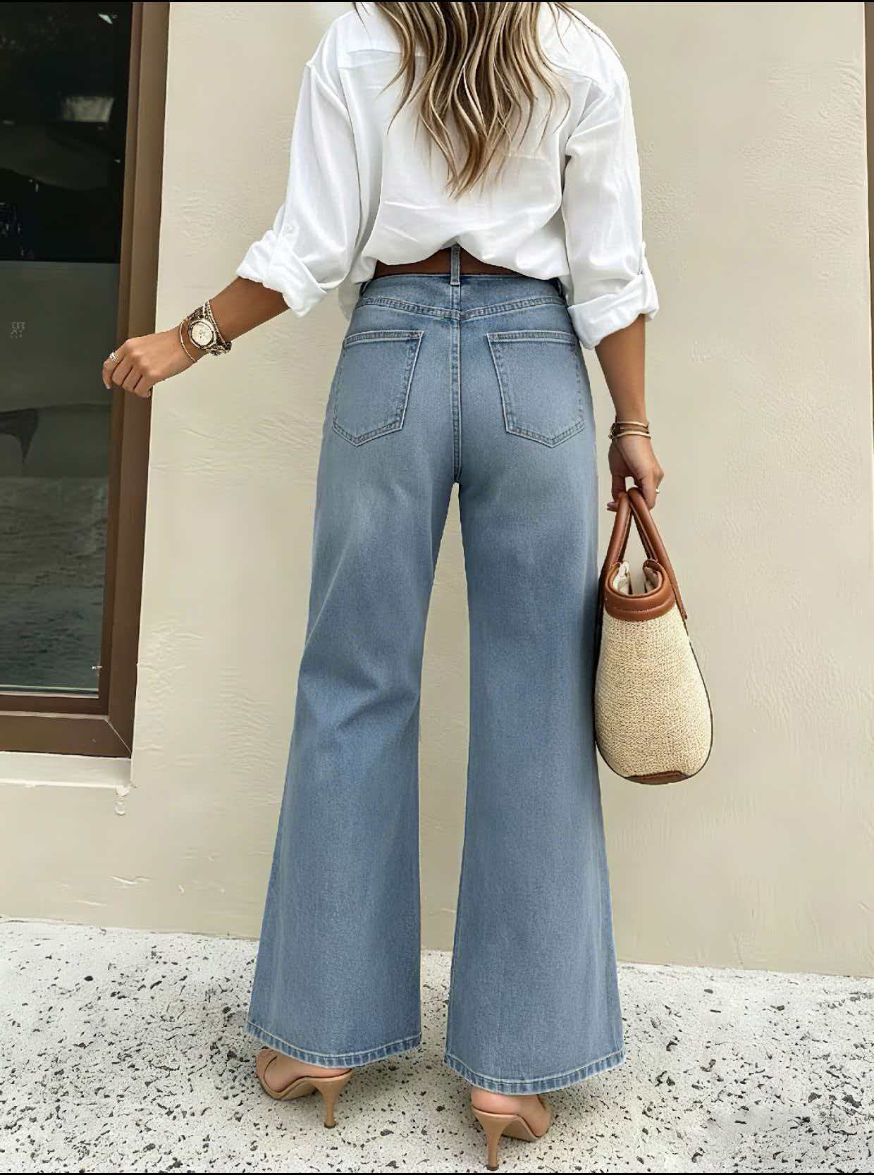 Jean évasé pour femme, taille haute, coupe ajustée 3D, avec une grande élasticité qui allonge les jambes ; Ceinture non incluse