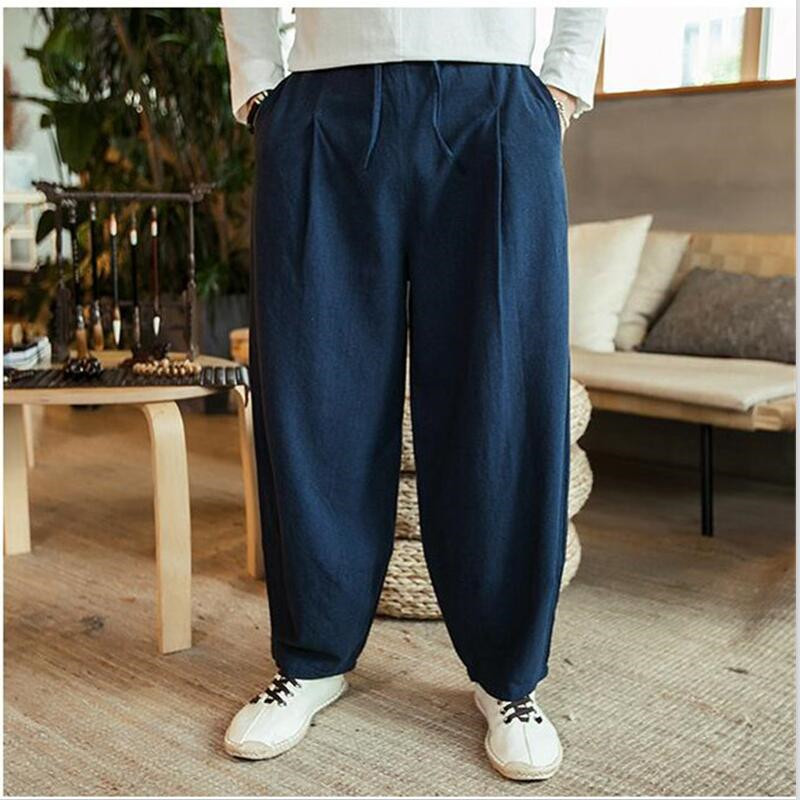 Pantalon large pour homme, grande taille 6XL 7XL, en coton et lin, pantalon ample de style harem, pantalon d'été, pantalon ample pour homme avec cordon de serrage, vêtements pour homme.