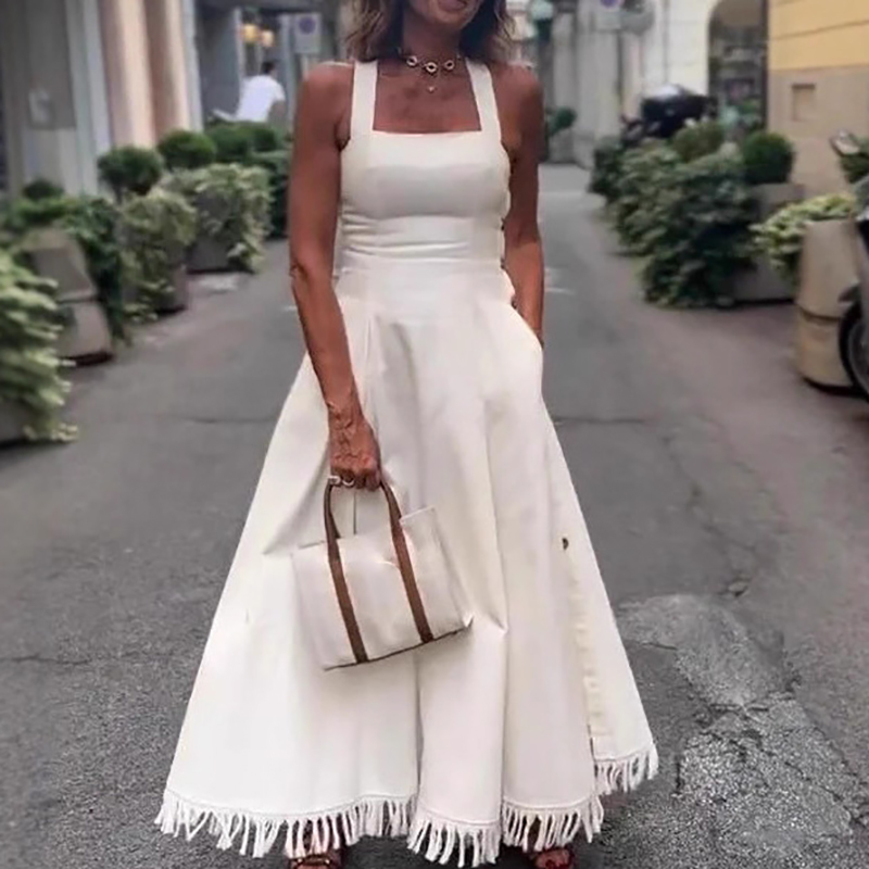 Robe longue d'été à Camisole blanche, décontractée, épaules dénudées, poches, coupe cintrée, élégante, pompon, Patchwork, taille haute, robes de soirée
