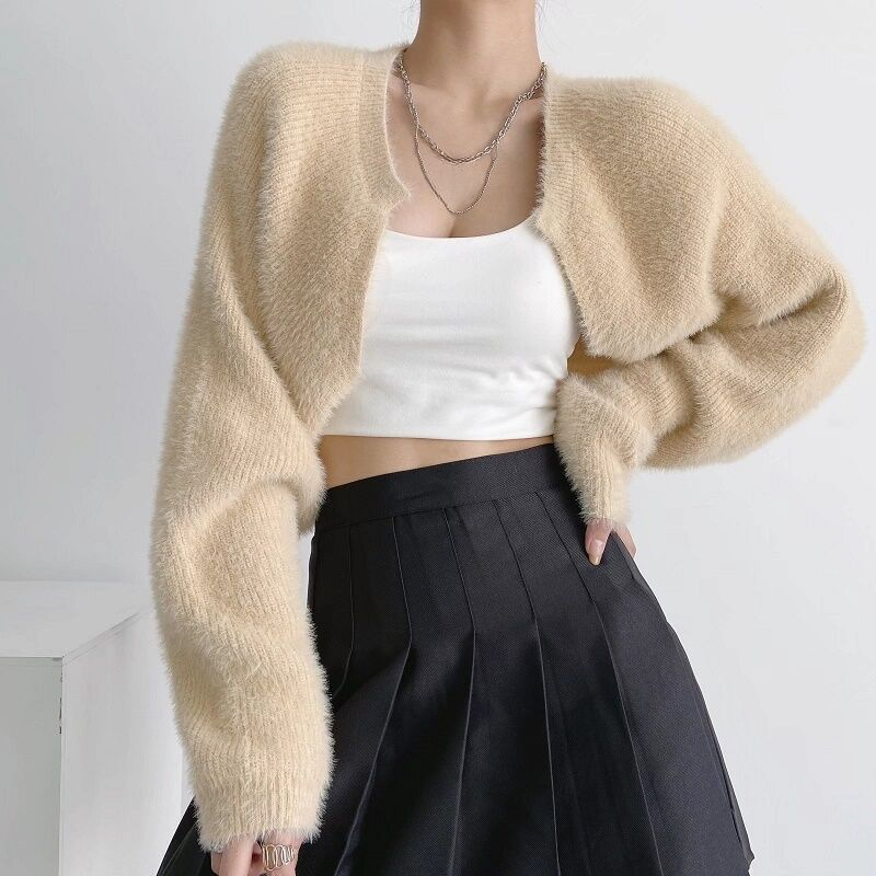 Cardigan court à col rond pour femmes, tunique à manches longues, pulls côtelés solides, vestes à la mode, vêtements coréens Sucirculation Mujer