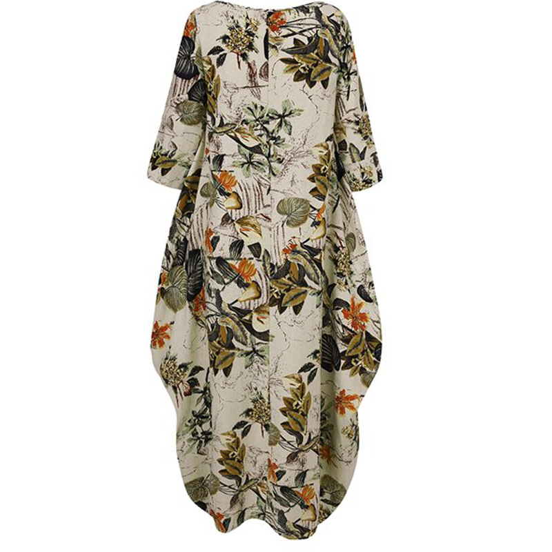 Robe florale élégante en coton et lin pour femmes, tenue de soirée à manches courtes, décontractée, vacances, style Boho, imprimée, été