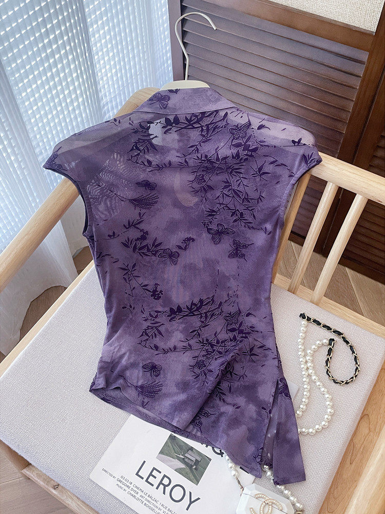 T-shirt élégant de style chinois pour femme, violet, en tissu transparent avec broderie papillon en bambou, style Cheongsam amélioré vintage, haut moulant décontracté