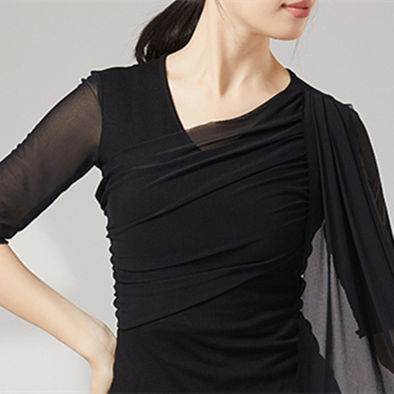 Costume de danse moderne pour femmes, haut à manches en maille évasée, chemise fluide en Tulle épissure, ourlet irrégulier, vêtements d'entraînement quotidien, t-shirt Chic de Yoga sur scène