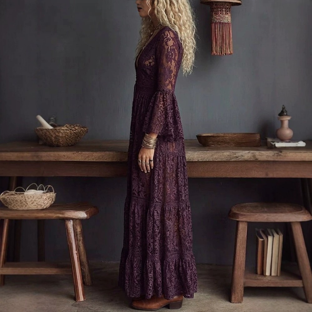 Robe longue élégante en dentelle pour femme, col en V, taille haute, manches longues, style bohème, transparente en maille, décontractée, pour les vacances et les soirées