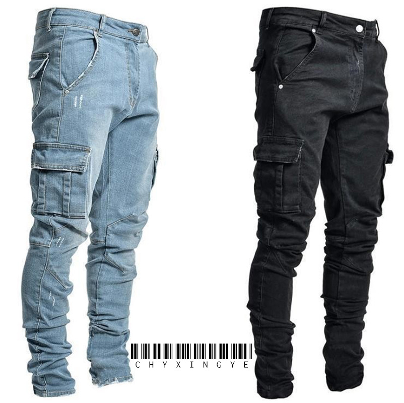 2025 nouveaux hommes rue élastique Denim marque jean jambes étroites Multi poches Cargo pantalon décontracté coupe ajustée usage quotidien Joggers taille moyenne