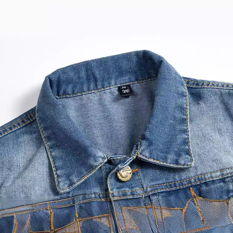 Vêtements tendance pour hommes motards : veste en jean bleu clair, haut de style blazer, veste en jean trouée, chemise façon veste en jean.