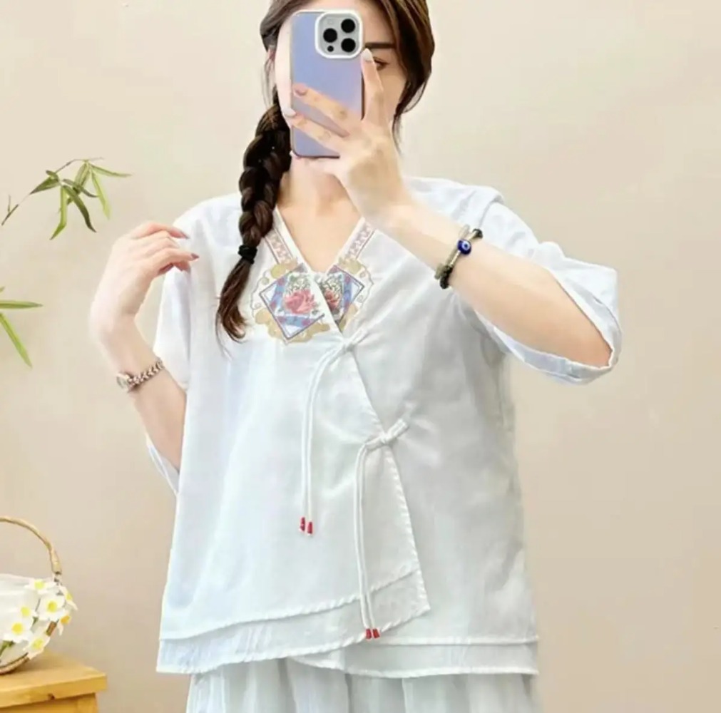 Décontracté ample Blouse chemise femmes vêtements été coton lin dames hauts t-shirt Blusas Vintage broderie femme chemise Camiseta Mujer