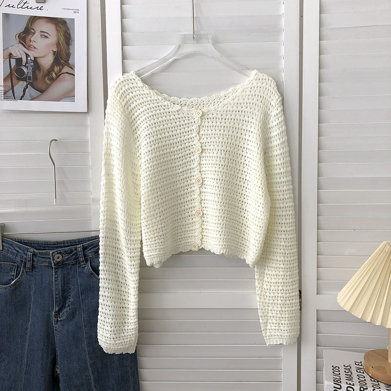 Cardigan en Crochet pour femmes, tricot ajouré transparent, manches longues, boutonné, haut court, haussement d'épaules pour adolescentes, tenue d'automne et de printemps Y2K