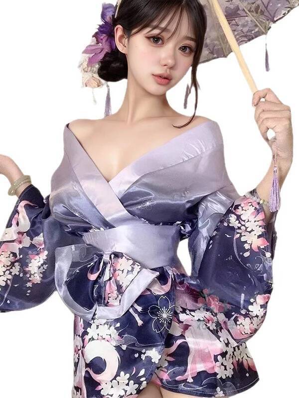 Kimono élégant de Style japonais, Sexy, décolleté en V profond, imprimé Floral, peignoir pour Couple, vêtements de nuit érotiques, robe à nœud, pur désir charmant 0LRL