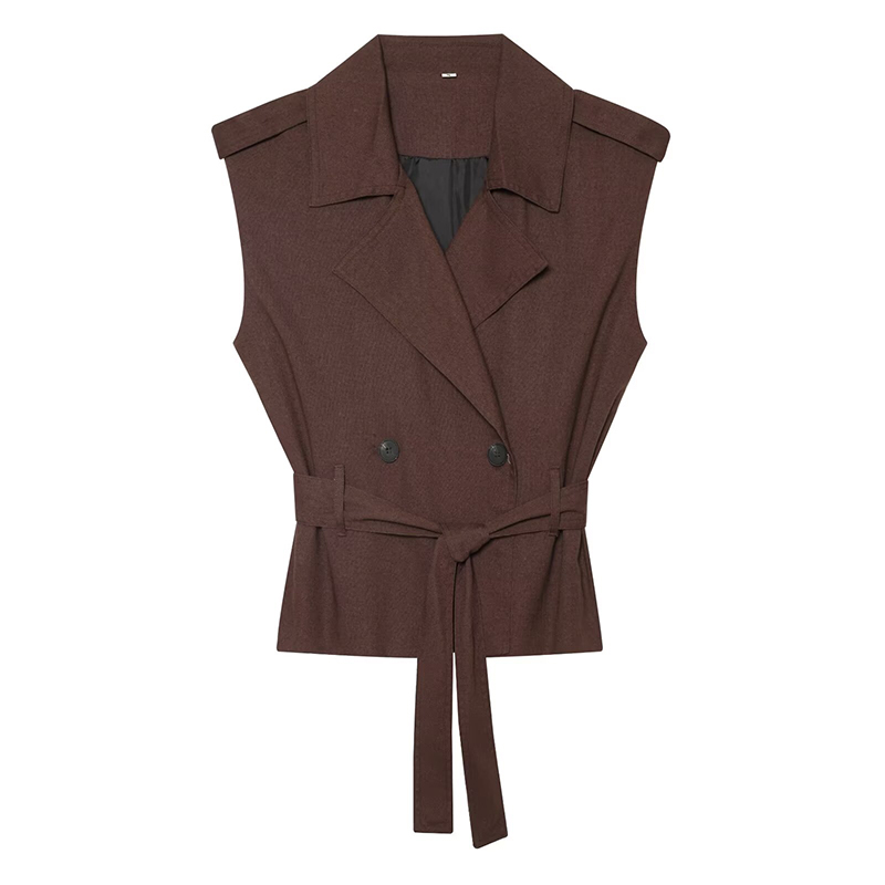 Gilets pour femmes tendance avec ceinture, col rabattu, sans manches, vêtements d'extérieur féminins, hauts chics