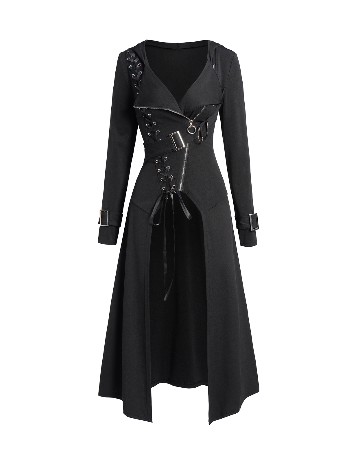 Manteau Gothique Punk à Capuche pour Femme, Vêtement d'Extérieur à Lacets, Fermeture Éclair, Manches sulf, Collection Automne-Hiver