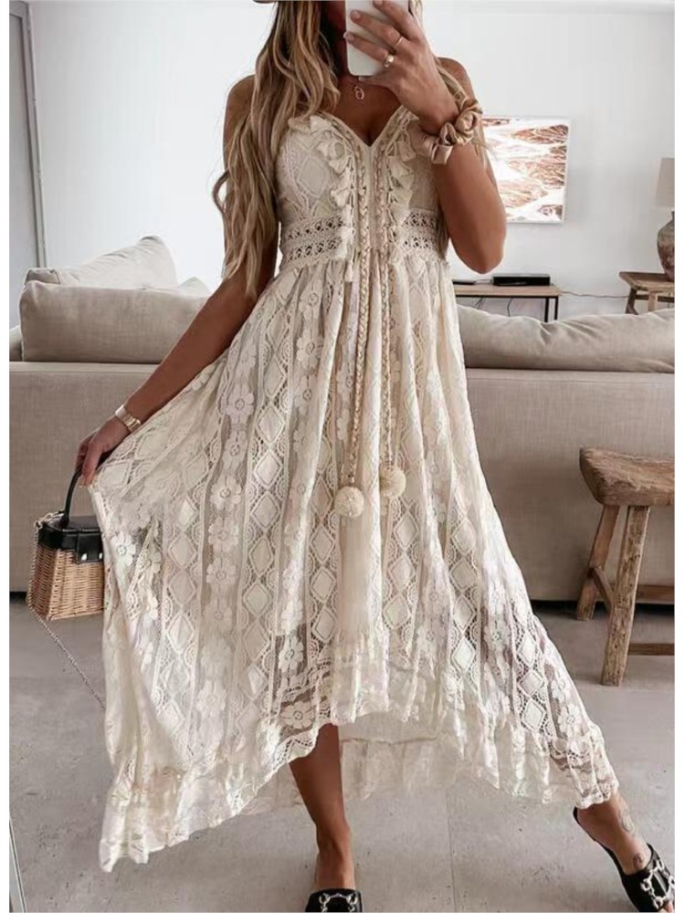 Robe longue unie à bretelles en dentelle, col en V, taille élégante, nouvelle collection été 2026, pour femme