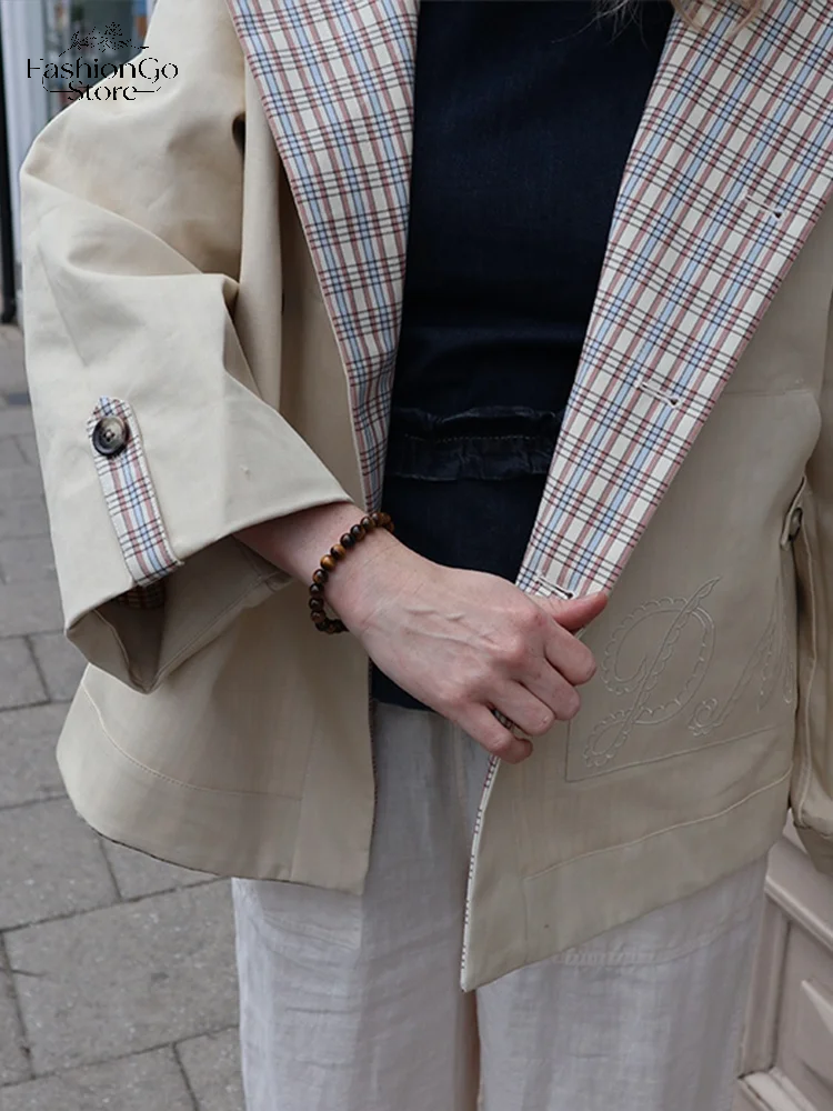 Veste courte pour femme à carreaux et patchwork, double boutonnage, manches longues, col marin contrastant, poches, coupe ample, décontractée, 2026