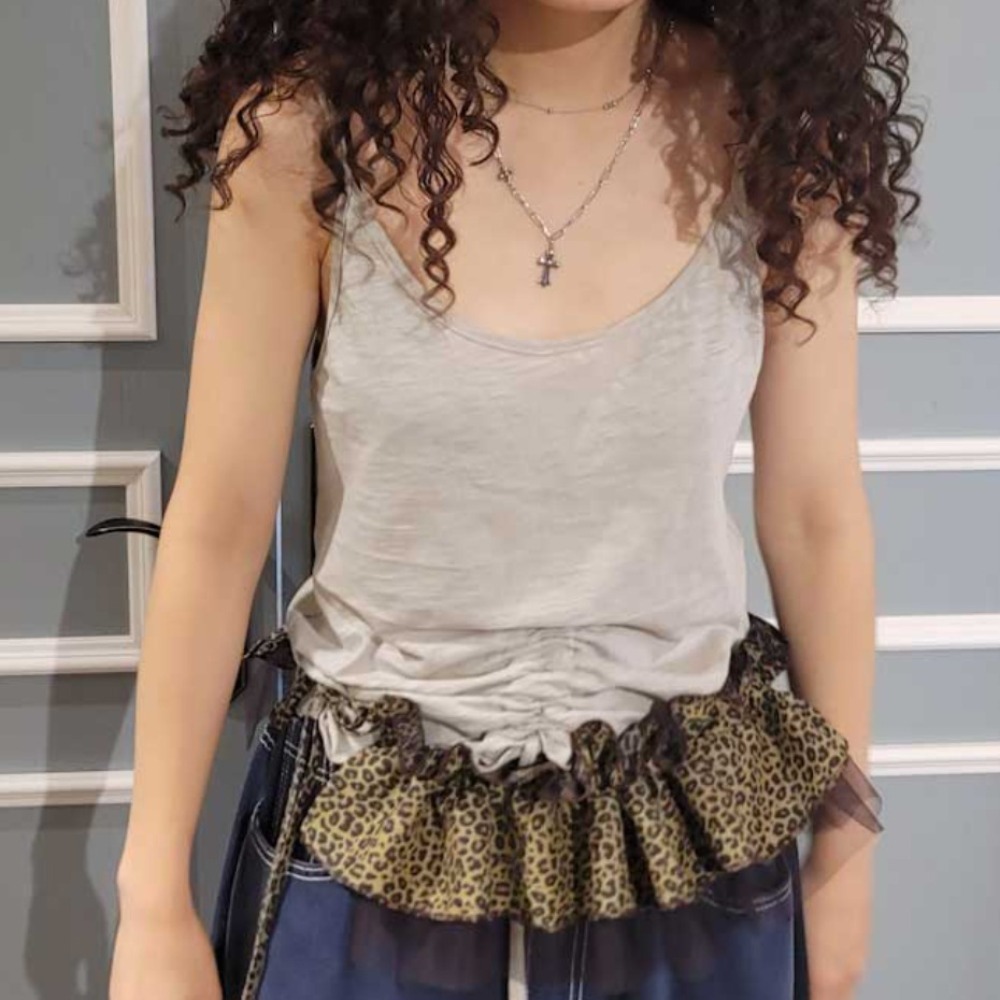 Hip-hop imprimé léopard hanche écharpe jupe chemise Extender doux bord à volants ceinture maille Y2K couche tenues ceinture