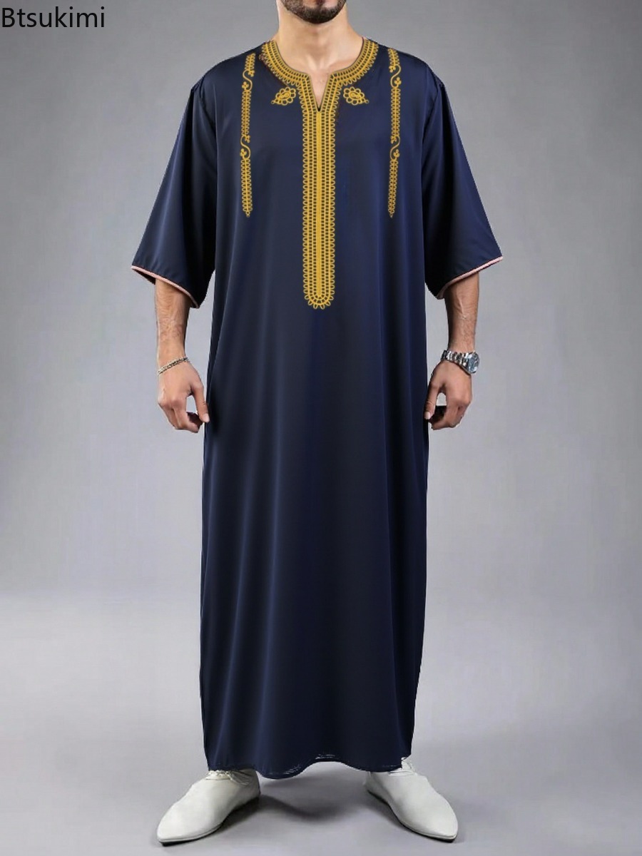 Vêtements musulmans traditionnels pour hommes, Eid, moyen-orient, Jubba Thobe, Robes musulmanes arabes à manches courtes, cadeau pour mari, 2026